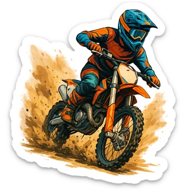 dirt bike racer, dynamic action, dust flying, helmet, energetic, modern style sticker