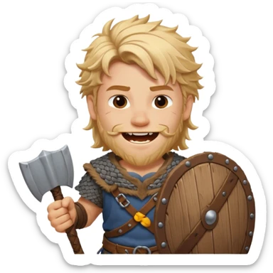 A young Viking warrior with messy blond hair, wooden shield, and fierce excited grin.
 sticker