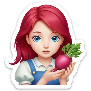 a girl with red hair and blue eyes with her magical radish in her hand sticker