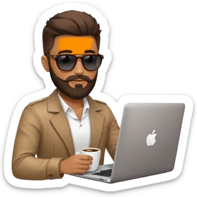 stylish man in sunglasses sitting with a laptop and coffee sticker
