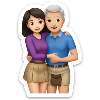 older man with dark hair on knees, facing dark haired, middle aged woman in a micro mini skirt, hugging her waist sticker