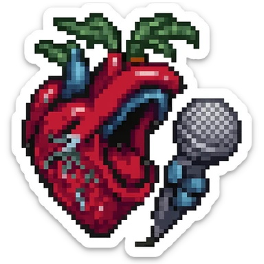 Add a microphone to the cartoonish anatomical heart with mouth open in pixel art style, keep the pixel art look and no background. sticker