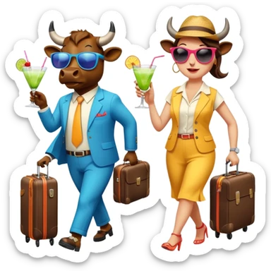 generate an emoji of a group of up to 8 male and female bulls travelling together on holidays. One bull has a suitcase, one has sunglasses, one is carrying a cocktail. They're all in motion, walking together. Make the characters look like bulls. They wear summer clothes sticker