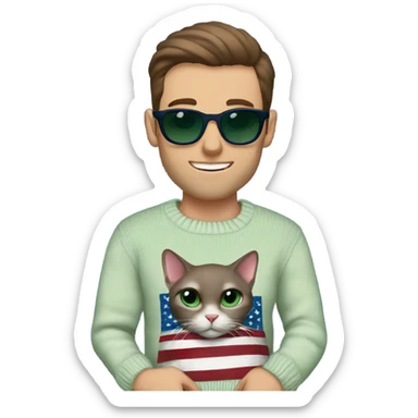 Brown hair handsome man wearing designer sunglasses. He has blueish green eyes. He is holding a hairless cat. His sweater is navy with an American flag sweater sticker