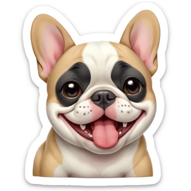 Cinematic Cute Yawning Pied French Bulldog Portrait Emoji, Head tilted with an exaggerated, endearing yawn and sleepy, squinty eyes, showcasing a unique pied fur of contrasting colors with a playful expression, simplified yet irresistibly adorable, highly detailed, glowing with a soft, cozy radiance, high shine, exuding a relaxed, humorous charm, styled with a gentle, soft glowing outline, capturing the essence of a Pied French Bulldog in a blissfully cute yawn that warms the heart! sticker