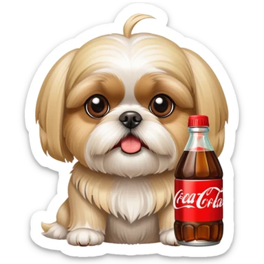Blonde Shih Tzu with a Coke bottle sticker
