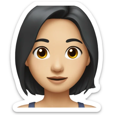 A head and shoulders shot of a 33 year old Asian woman, with long black hair,   with brown eyes wearing a t-shirt. sticker