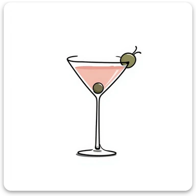 A classic martini glass with olive garnish in pastel colors (dd9fb0, ffc6d3, a3bfc9, c4bee2, f1b091), hand-drawn doodle style sticker