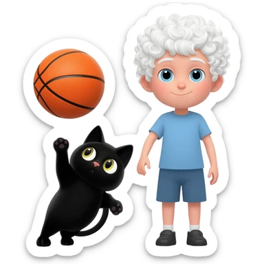 Black cat playing with orange basketball and a little white boy with curly hair sticker