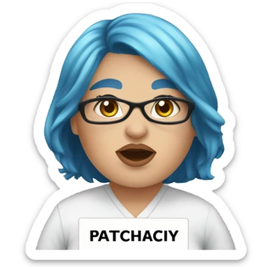 Blue hair, overweight female wearing a medical mask, holding a sign saying: "down with the patriarchy" with a speech bubble from her mouth saying: "I go by Ze/Zar" sticker