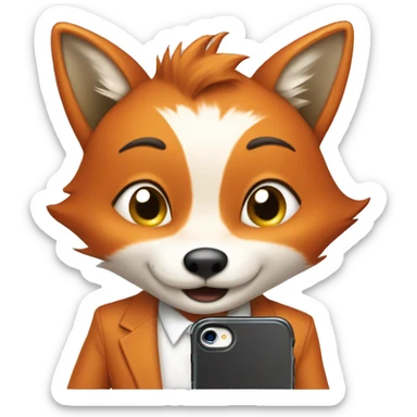 Smart and happy Fox in a shirt stands and uses her favourite app in the phone, a d stares in he phone sticker