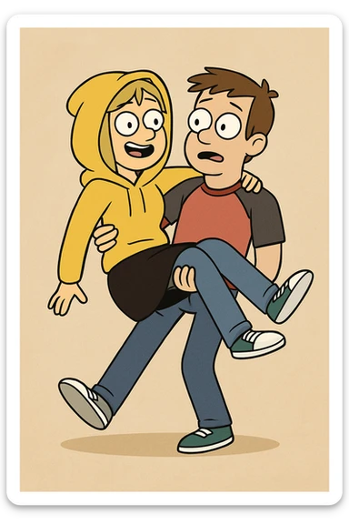 A man Raglan sleeves with Red t-shirts blue jeans white shoes carried by a cute a girl yellow hoodie black skirt green shoe  sticker