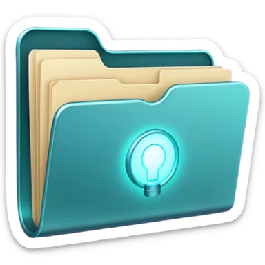 A minimalist glowing folder icon floating on a soft beige background, with subtle purple and teal lighting. The folder is slightly open, and a gentle magical light glows from inside — representing creativity and mystery. sticker