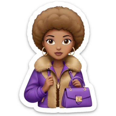 Beautiful black woman wearing a brown monogram Fendi jacket with a fur trim. She is carrying a purple Fendi peekaboo bag. I want the image to start at her head and end at the chest sticker