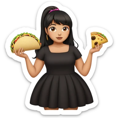 Latina girl with bangs black long hair in pony tail plus size black dress holding a taco sticker