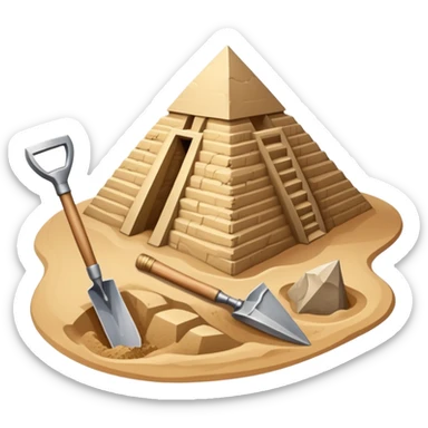 An icon showing archaeological tools like a trowel, brush, and pickaxe placed on sandy ground, with an Egyptian pyramid in the background. The design symbolizes excavation and discovery of ancient history, blending tools and iconic landmarks. Transparent background. sticker