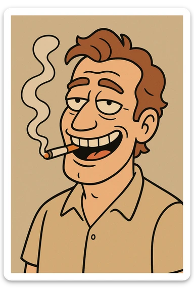 a man grinning, smoke curling from his mouth, unique flat toon style sticker