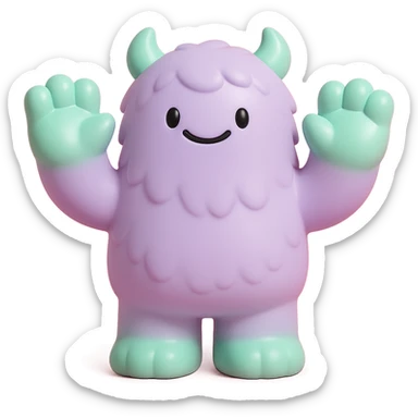 fluffy monster with oversized paws, smiling, soft lavender and mint green colors sticker