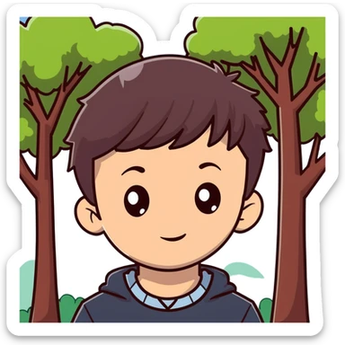 boy with straight short brunette hair brown eyes and tree behind sticker