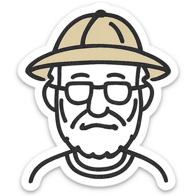 An elderly man with white hair and beard, wearing glasses and a yellow explorer hat sticker
