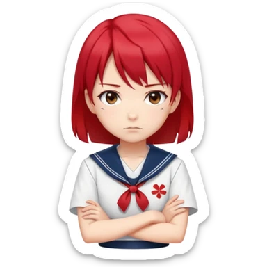 Serious anime girl with short bright red hair wearing Japanese sailor style school uniform, stern expression with arms crossed, focused and determined look sticker