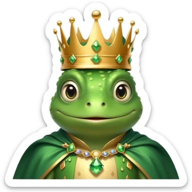 frog king portrait, head and shoulders only, small jeweled crown, royal cape collar, wise friendly eyes, fairy-tale vibe, 3D cartoon, mobile game icon style, clean background, no text, no watermark
 sticker