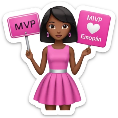 Black barbie, short  black bob  hair, pink dress with a sign that says mvp sticker