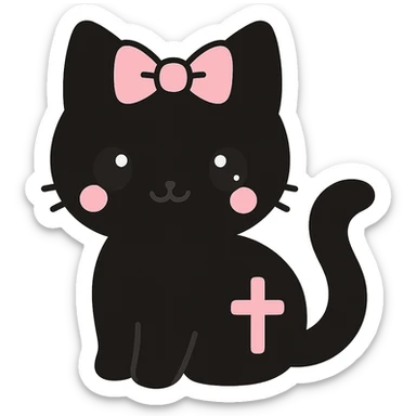 Replace the pet with a cute gothic black cat with a pink bow, keeping the kawaii gothic style. Preserve transparent background. sticker