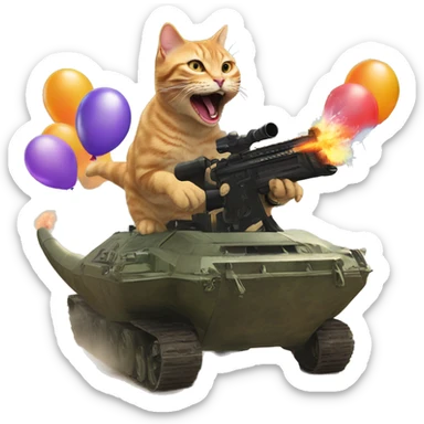 Cat riding a dinosaur while shooting a machine gun at birthday at birthday ballons￼ sticker