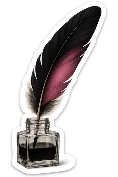 black and pink feathered quill in ink bottle sticker