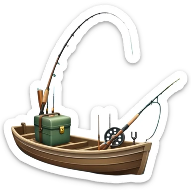 Icon for Fishing: a fishing boat by a water body with a beautiful nature backdrop, a spinning rods, fishing boots, and a fishing tackle box. The icon should evoke the peaceful and adventurous spirit of fishing. Transparent background. sticker