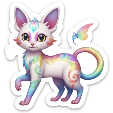Pure-snow-White albino iridescent with pastel rainbow-gradients-color-markings with swirly patterns butterflies  faerie-Noivern-Noibat-Purloin-Torracat-Lykoi-Caracal-cat-Fakemon-fusion-hybrid-creature-jumping sticker