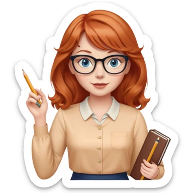 redheaded woman with long wavy hair and bangs, blue eyes, cat-eye glasses, pencil skirt, apricot blouse, holding a pencil, waving sticker