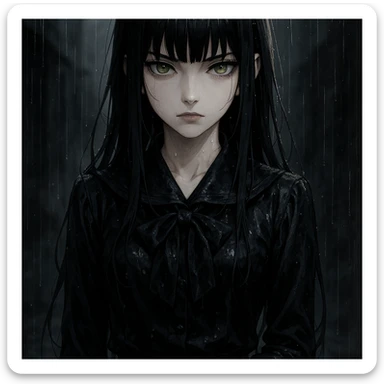 EchoMoon, silent mysterious anime girl, long black hair, sharp bangs, pale skin, amber green eyes, cold beauty, wet black school uniform, gloves, standing in rain, cinematic noir atmosphere, dramatic shadows, gothic shoujo, ultra-detailed sticker