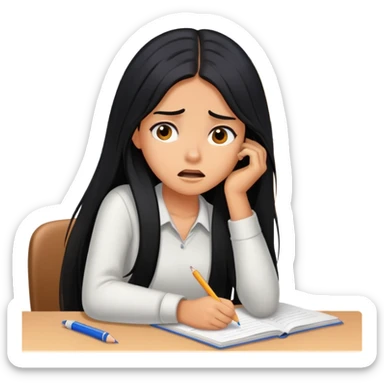 Pretty tanned girl with long black hair, stressed out about homework sticker