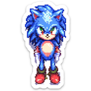 Change Sonic's eyes to red, keep pixel art style, no background sticker