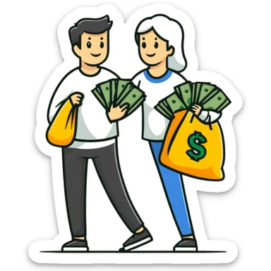 Person carrying money bag supporting a family, financial provider sticker