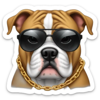 A bull dog wearing a black hoody and it has a sunglasses and a gang chain sticker