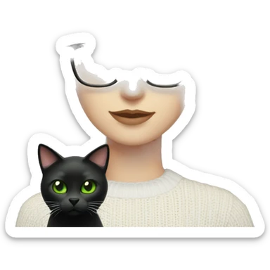 woman with green eyes and glasses with wavy blonde hair in a white cable knit sweater holding a black cat with green eyes  sticker