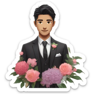 Gorgeous romantic anime style Asian formal modern gentlemanly guy with flowers and blushing face aesthetic trending style outside with colorful gradient colors sticker