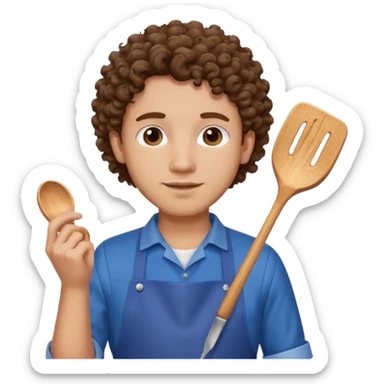 man with curly hair in blue apron sticker