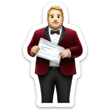 fat guy in dark red velvet suit holding cheque sticker