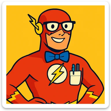 The Flash hero with a bowtie and pocket protector, looking studious, vibrant toon style sticker