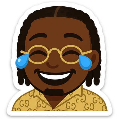 Create an emoji in the style of the provided image, a laughing face with tears of joy, keeping exactly the same dark skin tone, braided hair (same implantation, volume, and shape), golden glasses, patterned shirt, same teeth shape and natural smile as in the reference. Maintain the general emoji style with a transparent background. sticker