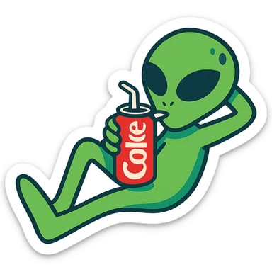 cartoon alien enjoying a cold Coke, relaxed pose sticker