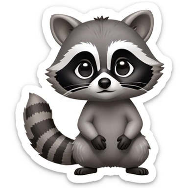Cinematic-cute Raccoon-Realistic-hunched Full-Body on all fours-Emoji – Tail flicking lazily, head tilted dramatically, thick grey fur with a signature black mask, sharp and alert ears, simplified yet realistic focused features, highly detailed, glowing with an almost sarcastic glow big black eyes realistic body sticker