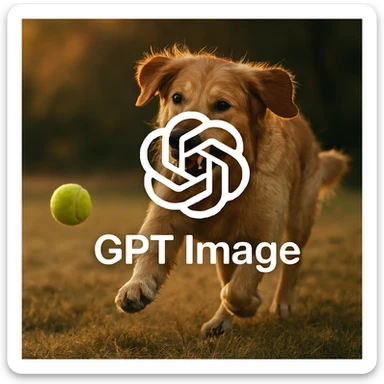 logo of chat gpt with text "GPT Image" on the background of a dog chasing ball, realistic image sticker