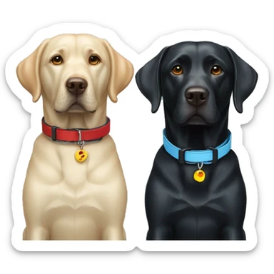 one black labrador with a light blue collar next to one black labrador with red collar sticker