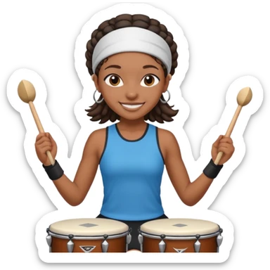A black girl drummer with a sporty headband and clothes, tapping her drum rhythmically with a grin. sticker