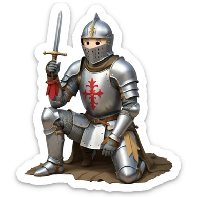 A lone medieval knight in plate, worn armor kneels. His helmet is closed, hiding his face, conveying silence, exhaustion and contemplation. A long sword is planted in the ground beside him, its hilt resting near his gloved hands as if he is praying or resting after battle. sticker